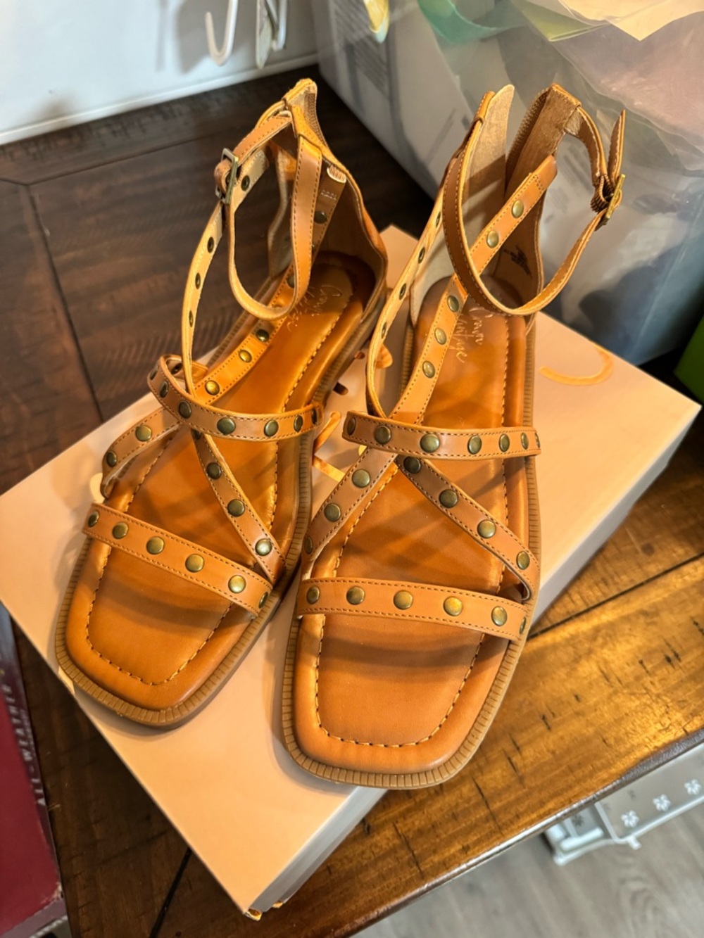 Crown Vintage Women’s Tan Studded Strappy Sandals with Ankle Buckle